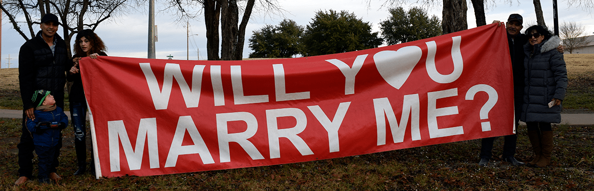 Will You Marry Me banner used for a Rohr Balloons engagement flight